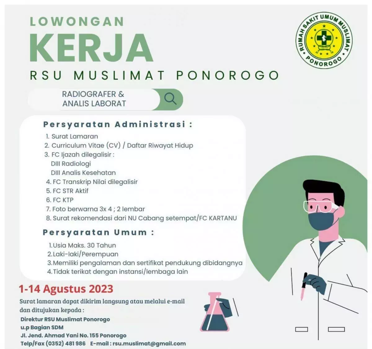 Lowongan Kerja Radiografer & Analis Laboratorium di RSU Muslimat Ponorogo